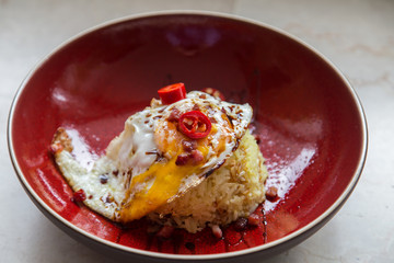 Asian fried egg with chilli and rice