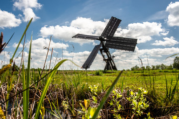 Dutch windmill in the landscape of the Dutch polder with marsh plants and reed plumes