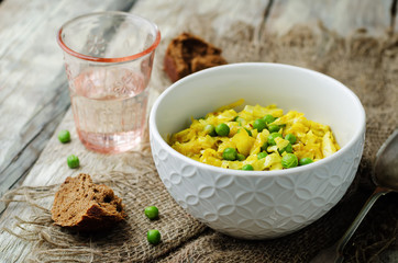 Spicy cabbage with green peas. Indian cuisine