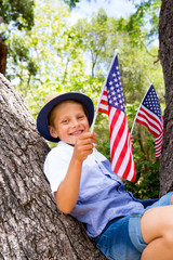 Adorable little boy holding american flag outdoors on beautiful summer day