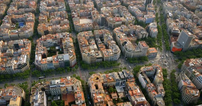 Aerial view of Barcelona Eixample residential district with typical urban square grid, Spain