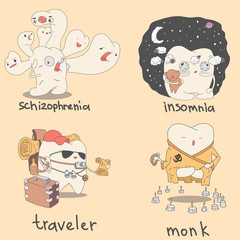 Set of cute teeth characters. Vector illustration of emotions for children dentistry and orthodontics.