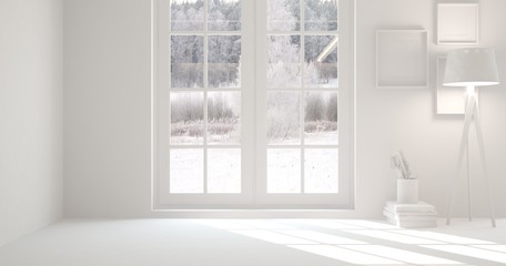 Fototapeta premium White empty room with winter landscape in window. Scandinavian interior design. 3D illustration
