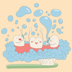 Teeth are brushing. Vector illustration for children dentistry and orthodontics. Cute teeth characters.