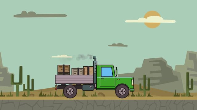 Animated green truck with boxes in the trunk riding through canyon desert. Moving heavy car on mountain desert background. Flat animation