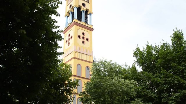 Turin, Piedmont region, Italy. May 2018. Church of Our Lady of Suffrage and Santa Zita. Its bell tower, with its 83 meters, is the fifth highest summit of the city of Turin. Movement bottom to top