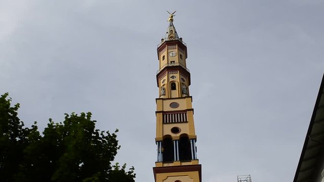 Turin, Piedmont region, Italy. May 2018. Church of Our Lady of Suffrage and Santa Zita. Its bell tower, with its 83 meters, is the fifth highest summit of the city of Turin. Horizontal movement.