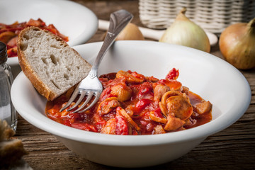 Lecho - stew with peppers, onions and sausages.