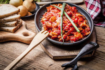 Lecho - stew with peppers, onions and sausages.