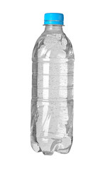 a bottle of water with bubbles on white background