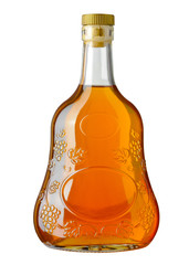 Full bottle of cognac on white background. Clipping path