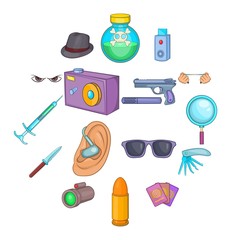 Spy and security icons set in cartoon style. Detective equipment set collection vector illustration