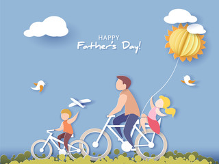 Handsome man and his children bicycling with air balloon. Happy fathers day card. Paper cut style. Vector illustration