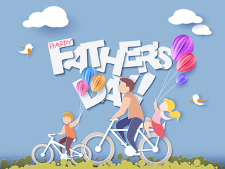 Handsome man and his children bicycling with air balloons. Happy fathers day card. Paper cut style. Vector illustration