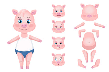 Cute pigs. Cheerful pig. Funny pigs vector. The boy character is an animal. Body parts, emotions, eyes hands feet.