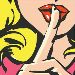 Close-up of female lips with index finger gesturing silence. Shh woman pop art poster. Shhh woman. Shh icon. Keep silence. © etraveler