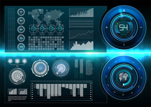 HUD style. Big hud sets. Vector science abstract.  Vector illustration. Futuristic user interface. Sky-fi HUD. Set abstract HUD elements for UI UX design. Futuristic Sci-Fi useri Interface for app