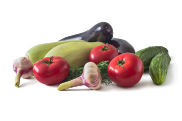 Eggplant, zucchini, tomato, cucumber, garlic and dill. Isolated on white background
