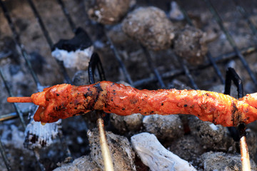 Sausages barbecue with a charcoal barbecue in the garden
