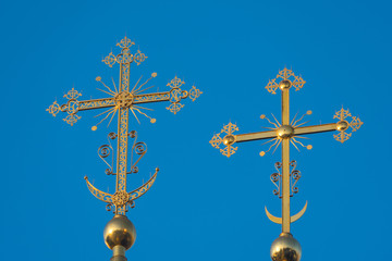 Two Golden Christian Orthodox cross on the Church, close-up