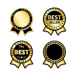 Ribbon awards best seller set. Gold ribbon award icons isolated white background. Bestseller golden tags sale label, badge, medal, guarantee quality product, certificate.. Vector illustration