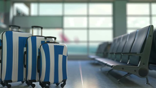 Travel suitcases featuring flag of Greece. Greek tourism conceptual animation