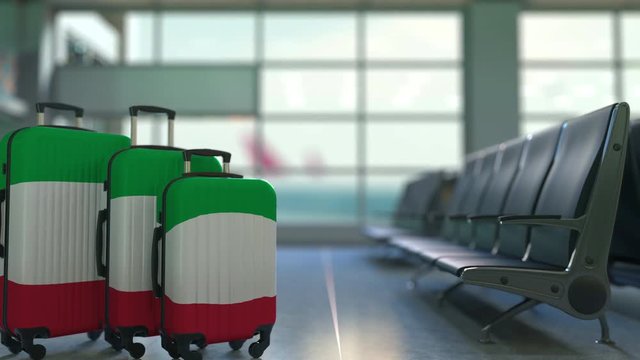 Travel suitcases featuring flag of Italy. Italian tourism conceptual animation