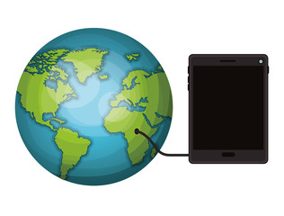 world planet with tablet device vector illustration design