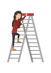 woman climbing stepladder character vector illustration design