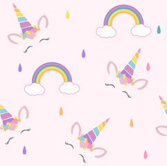 Unicorn seamless pattern vector illustration. Birthday theme unicorns and rainbows.