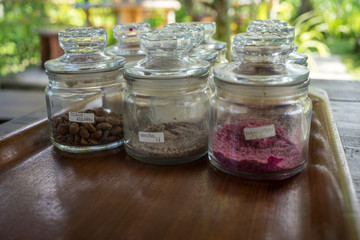 Different typical balinese teas and coffes in jars, Tegenungan, Bali, Indonesia (09.05.2018)