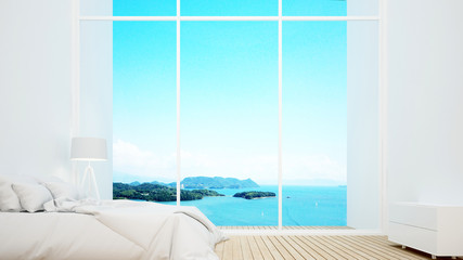 Fototapeta na wymiar Bedroom simple design and sea view in hotel or resort - Bedroom white tone design artwork for vacation time - 3D Rendering