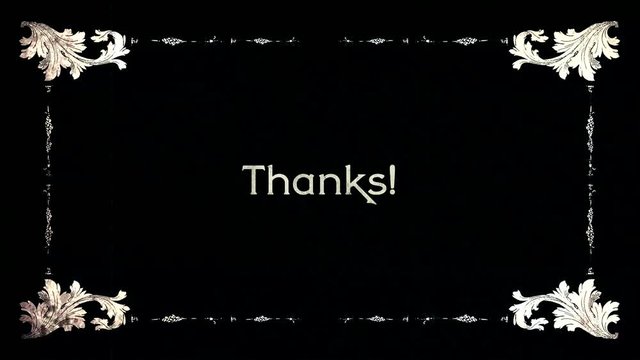 A re-created film frame from the silent movies era, showing intertitle text messages: Thank you, Thanks, Danke (German), Gracias (Spanish), Grazie (Italian), Merci (French).
