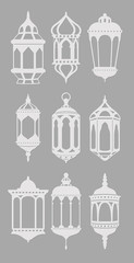 Fototapeta premium Ramadan vintage lantern linear icons. muslim antique lamp symbols. 