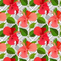 Beautiful seamless floral jungle pattern background. Tropical flowers bright color background. Hibiscus flower realistic vector repeatable design.