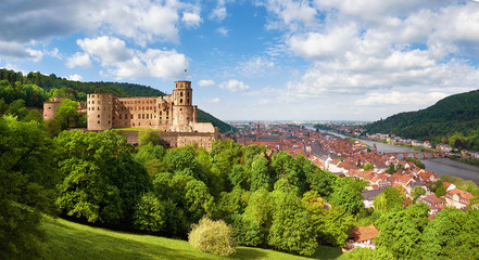 Heidelberg town in Germany and ruins of Heidelberg Castle in Spring - obrazy, fototapety, plakaty