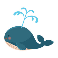 Fototapeta premium Cute whale with water fountain blow on white background