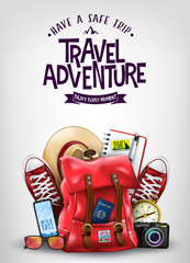 Top View Travel Banner Template with Space for Text Including Realistic 3D Items for Travelling Like Backpack, Sneakers, Mobile Phone, Passport and Sunglasses in Light Blue Background. 
