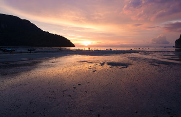 Sunset at Loh Dalum Bay, Phi Phi Island, Krabi, Thailand. (vintage tone)