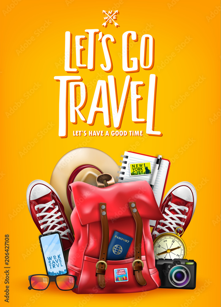 Wall mural top view travel banner template with space for text including realistic 3d items for travelling like