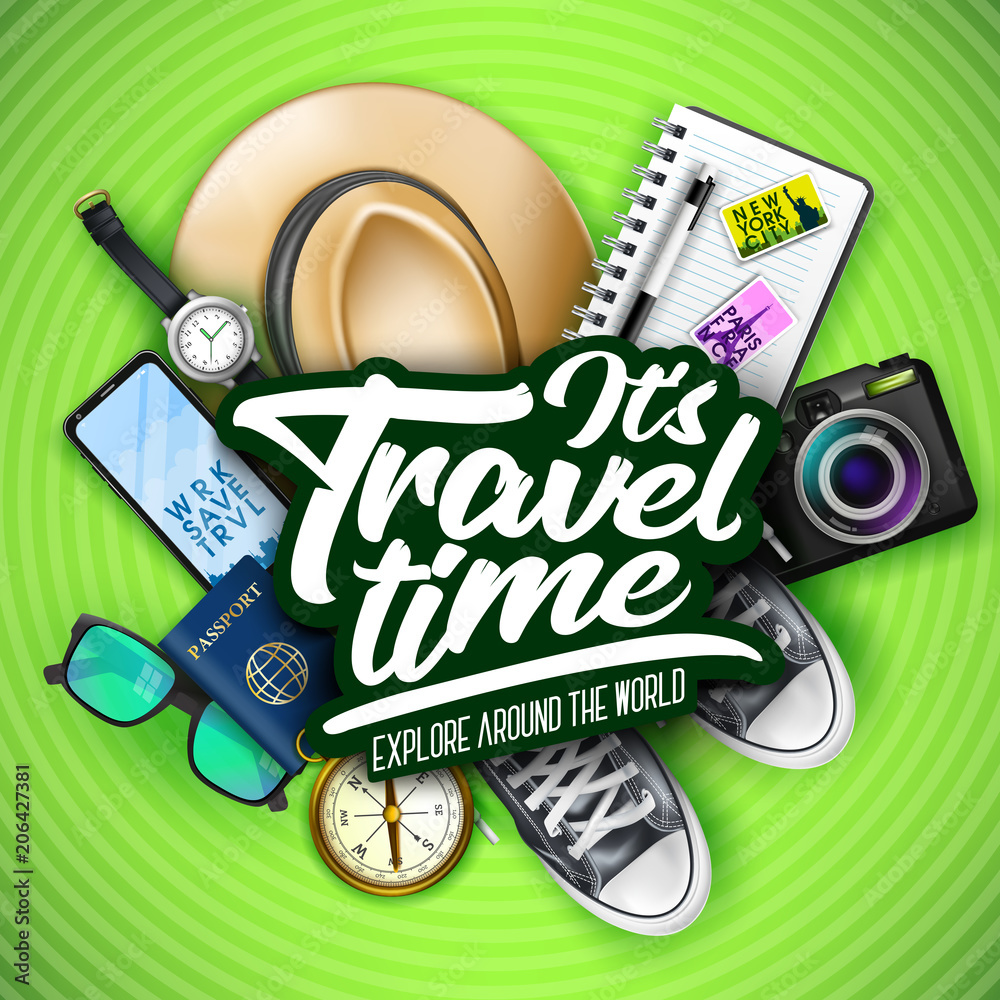 Wall mural top view travel banner template with space for text including realistic 3d items for travelling like