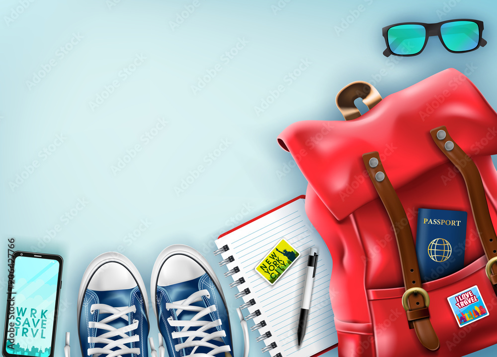 Wall mural top view travel banner template with space for text including realistic 3d items for travelling like