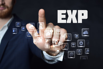 A businessman shows an inscription:EXP