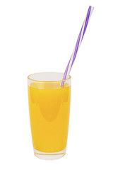 Orange juice in a glass with a tube isolated on white