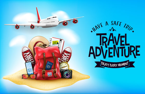 3D Realistic Travel Items Like Airplane, Backpack, Sneakers, Mobile Phone, Passport and Sunglasses in the Sand with Have A Safe Trip Travel Adventure

