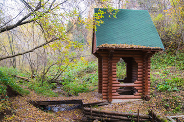 Wooden chapel near the Holy spring in the forest