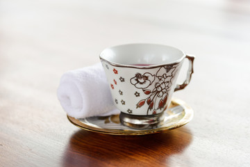 Herbal drinks made from Roselle juice, lemongrass and sweet basil with cold towels, welcome drink in the resort