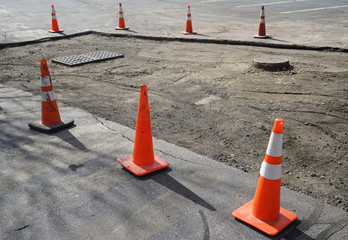 traffic cones in rows at road construction site