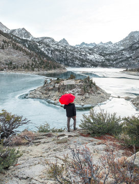 Near Aspendell California stands Lake Sabrina, frozen blue in the winter
