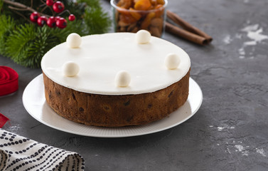 Christmas fruit cake, pudding on plate. Christmas concept. Copy space.